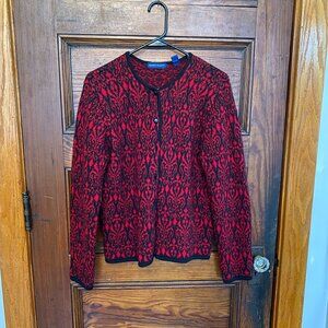 Red and black paisley wool cardigan, size M
